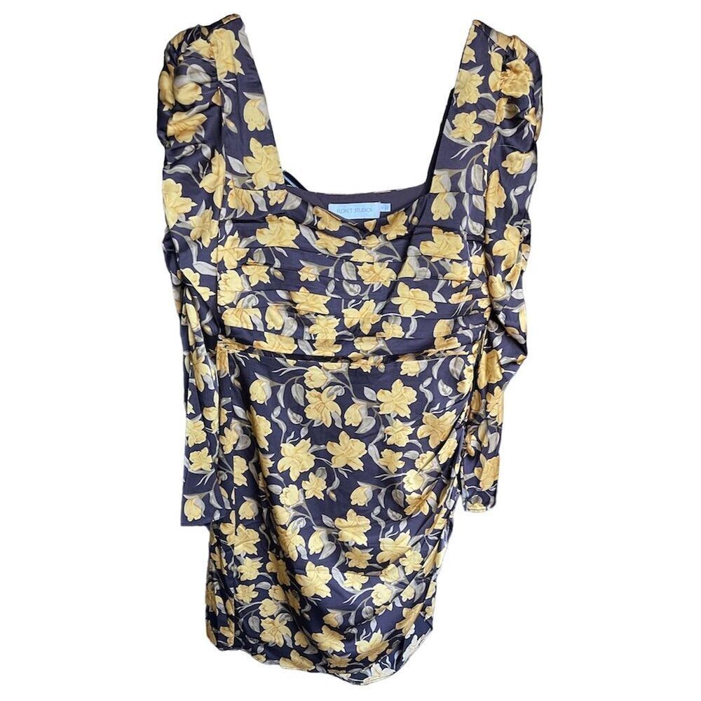 Floret Studios Women's M Brown Floral Shirred Long Sleeve Mini Dress
